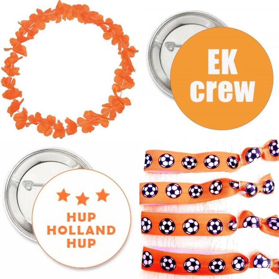Sweet-One EK set 7-delig met 1 oranje hawaii krans 2 buttons en 4 armbanden haarelastieken voetbal oranje EK WK kawai krans button armband