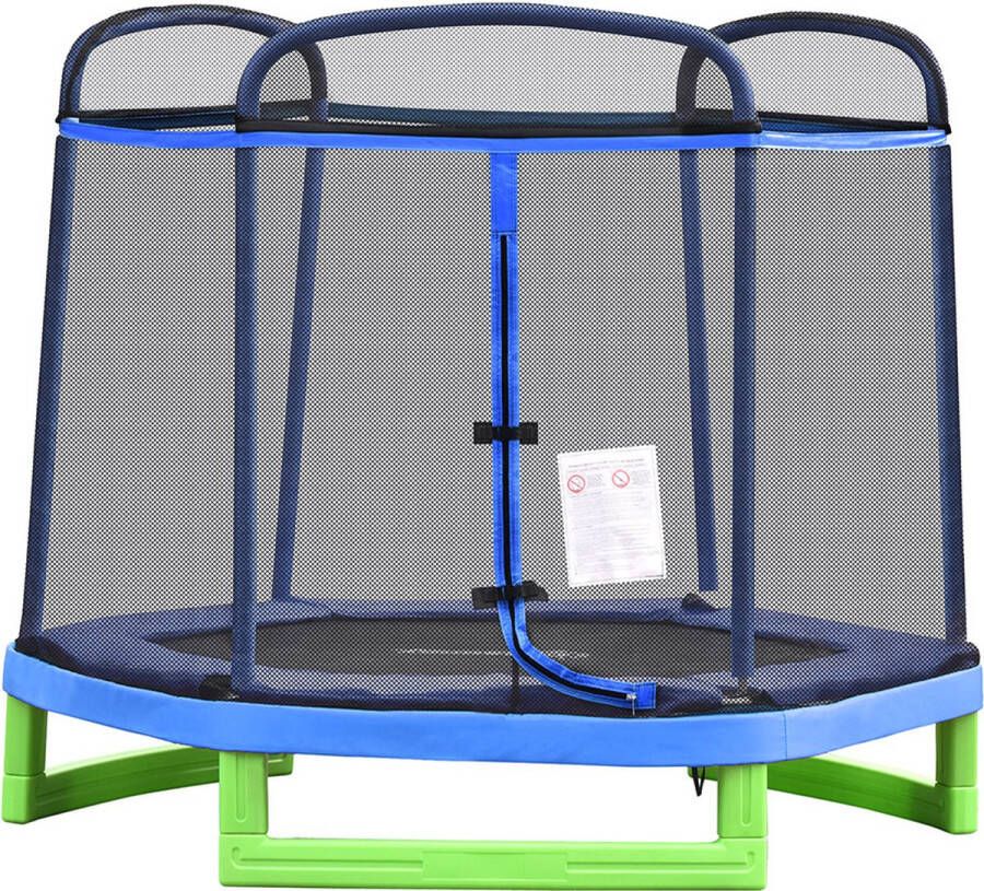 Sweiko 7FT Kinder Trampoline Veiligheidsnet Peutertrampoline voor Binnen en Buiten Fitness trampoline Tuintrampoline voor 3-12 jarigen tot 80 kg Staal Blauw+Groen 215 x 200 x 190 cm