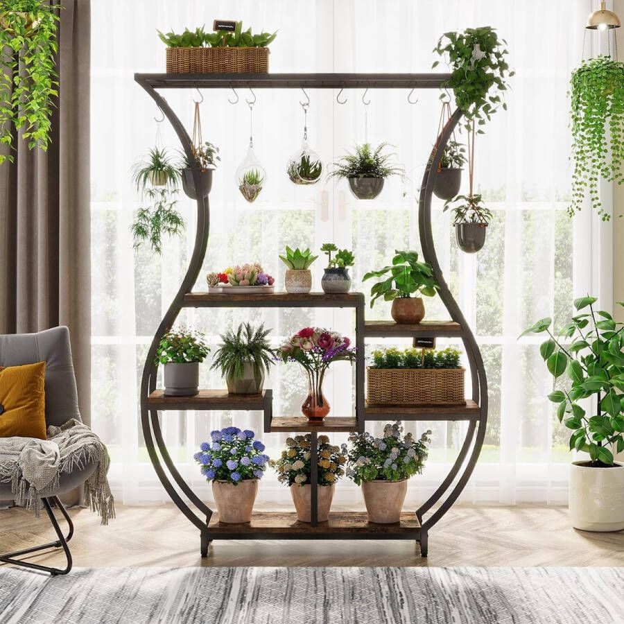 Sweiko Bloemenrek Indoor Plantenrek 6-verdiepingen 180cm Gebogen metalen plantenrek met 10 S-vormige haken indoor vertoningsrek binnen balkon Landelijk Bruin