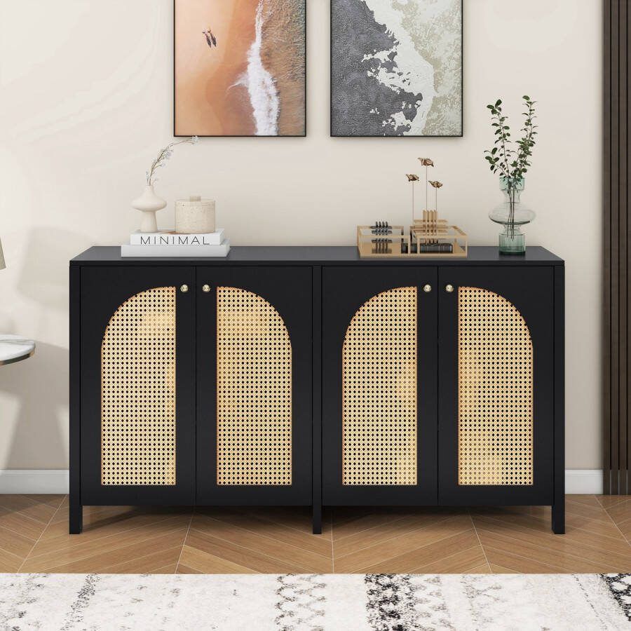 Sweiko Een Moderne Bestekkast in Minimalistische Stijl met vier rieten deuren en metalen handgrepen Een eenvoudige Buffetkast in de eetkamer Woonkamer en keuken (Zwart)