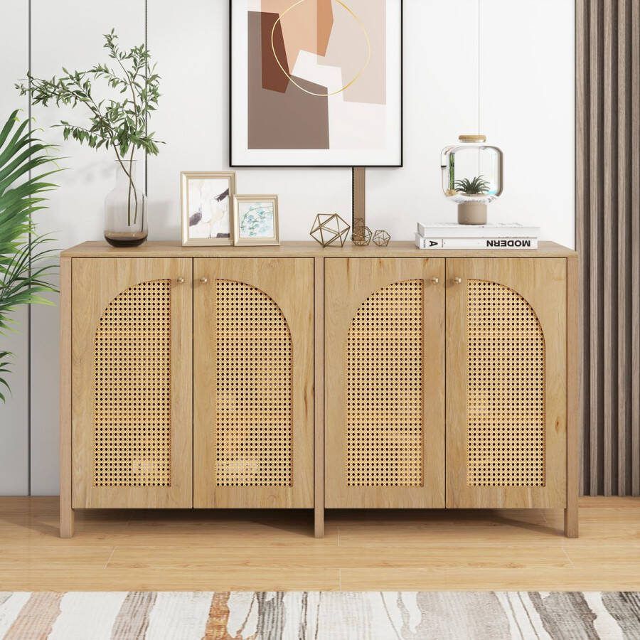 Sweiko Een Moderne Bestekkast in Minimalistische Stijl met vier rieten deuren en metalen handgrepen Een eenvoudige Buffetkast in de eetkamer Woonkamer en keuken (Natuurlijke kleur)