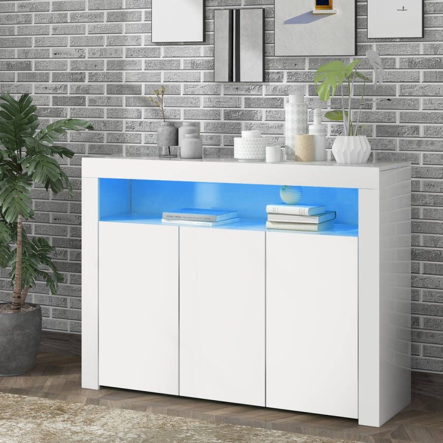 Sweiko Hoogglans witte dressoir vitrine met LED-verlichting moderne 3-deurs houten buffetkast opslageenheid met afstandsbediening voor keuken woonkamer eetkamer hal
