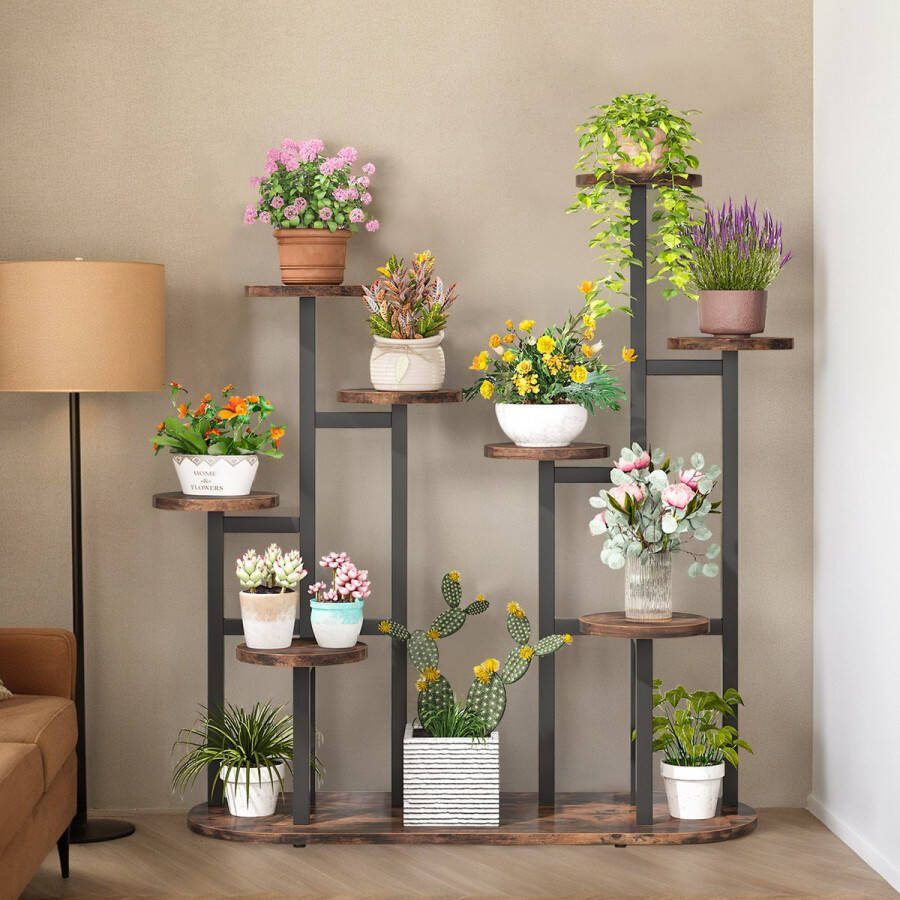 Sweiko Indoor Plantenrek Multi-layer 11 Potplantenrek Bloemrek Hoog plantenrek tuinplant organizer balkon woonkamer Landelijk Bruin