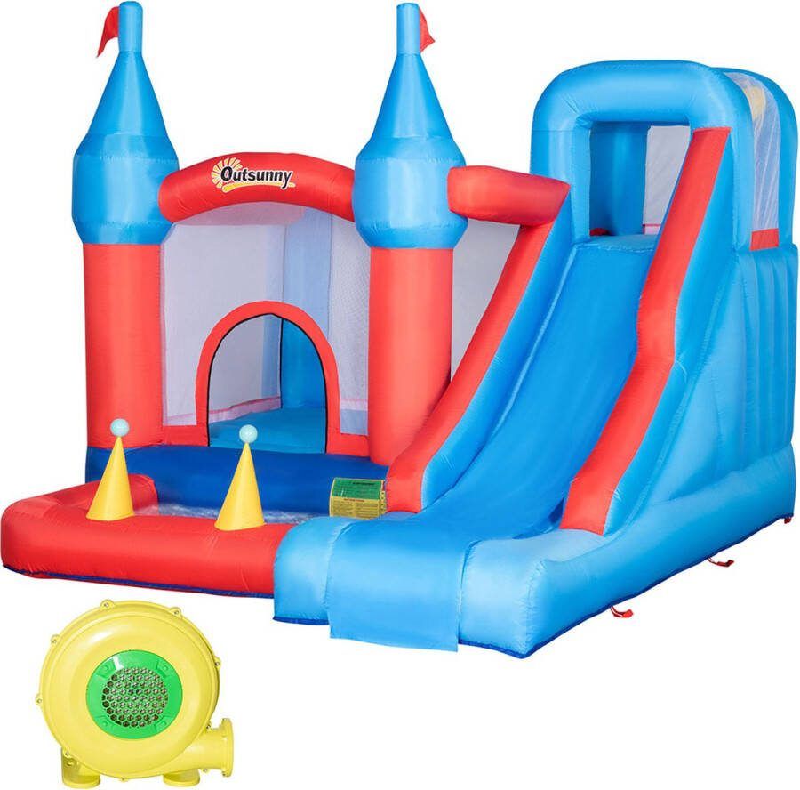 Sweiko Opblaasbaar Springkussen voor 4 Kinderen Water Springkasteel met Blower Glijbaan zwembad klimmuur trampoline draagtas tuin voor kinderen buiten glijbaan springkasteel 3-8 jaar 333 x 280 x 210 cm