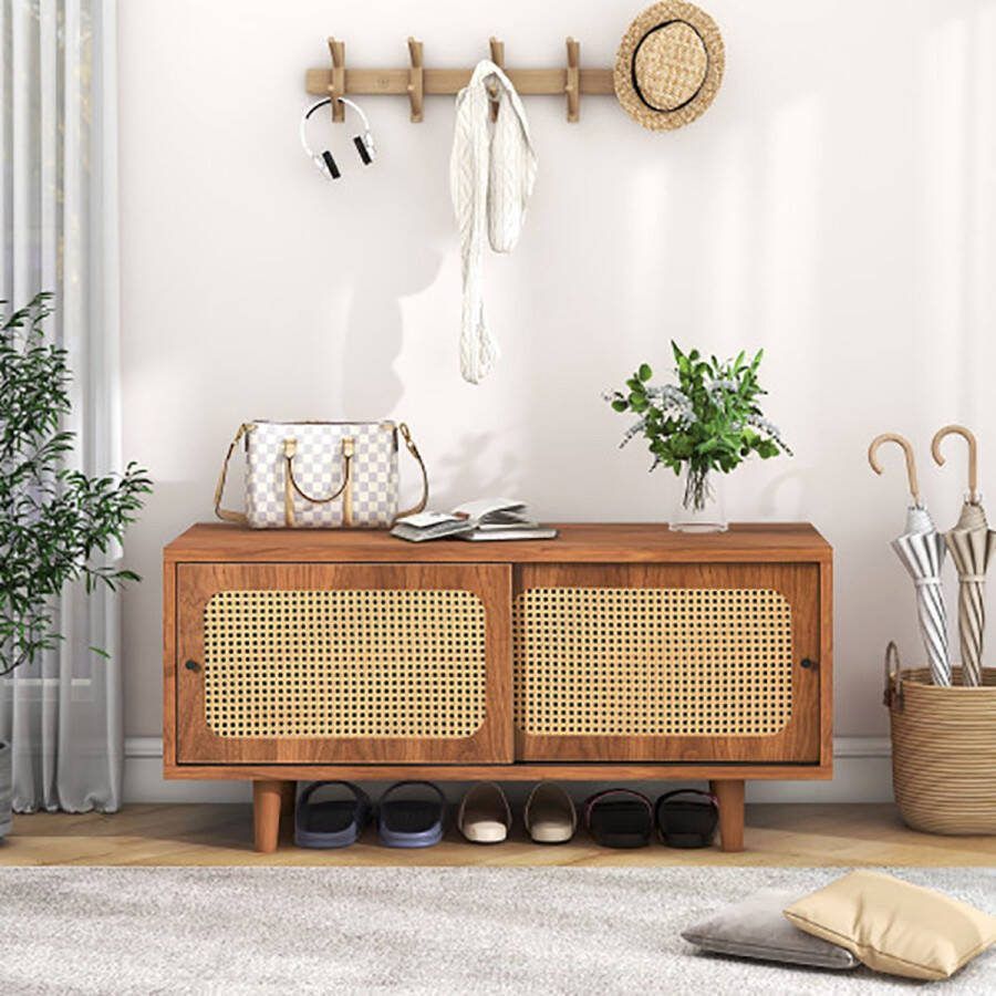 Sweiko rotan schoenenkast met 2 deuren met verstelbare plank walnootkleur stijlvolle schoenenkast voor hal woonkamer en slaapkamer 104*40*48 cm