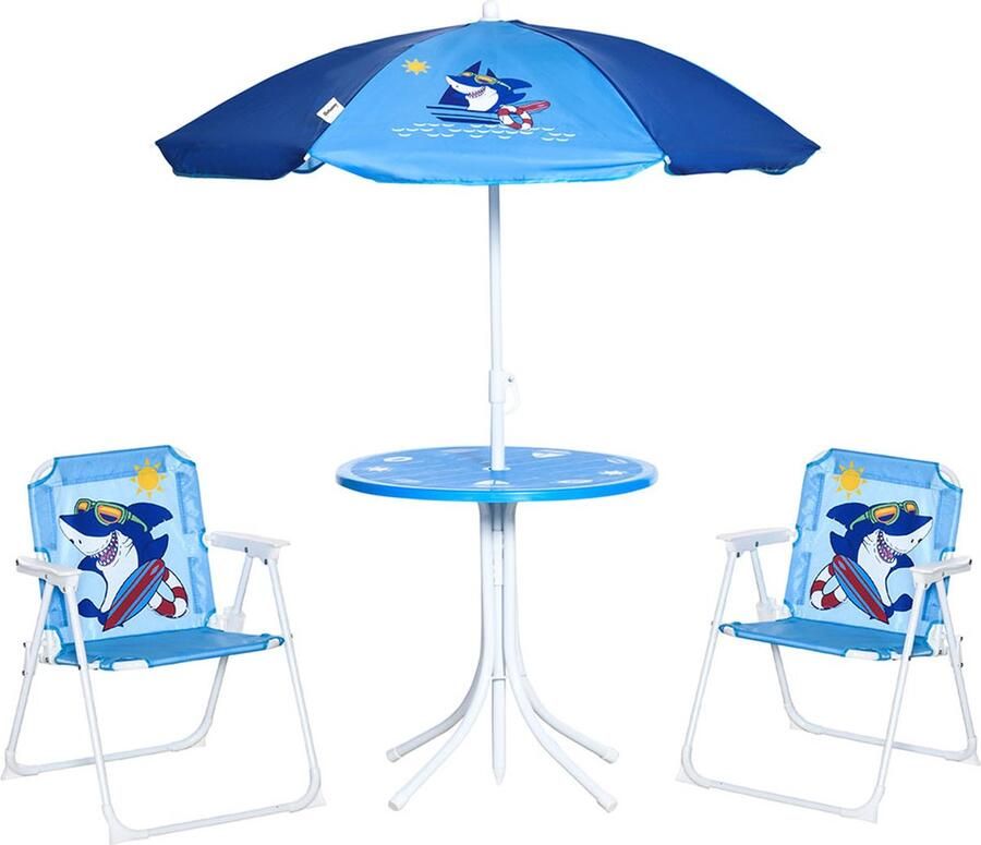 Sweiko 4-delige Kinderzitset Tuintafel 2 Klapstoelen Parasol Camping kinderzitset Tuinmeubelen voor 3-6 jaar Blauw