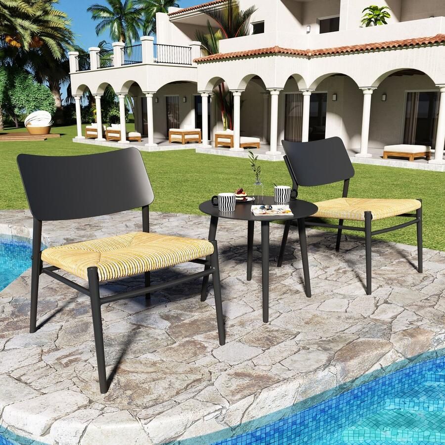 Sweiko Bistro set 3-delig aluminium balkonmeubel set PE rotan lading 150 kg Geschikt voor binnenplaatsen tuinen en balkons Zwart