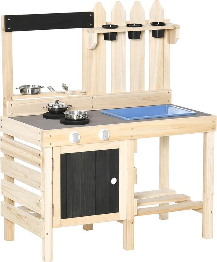 Sweiko Kinderen Speelgoed Keuken Modderkeuken Zand Buitenspeelset van Hout Tuinkeuken Speeltafel Zand met Plantenpotten Roestvrijstalen Accessoires Speelgoedset voor 3-7 Jaar 81.5 x 46 x 102.5 cm
