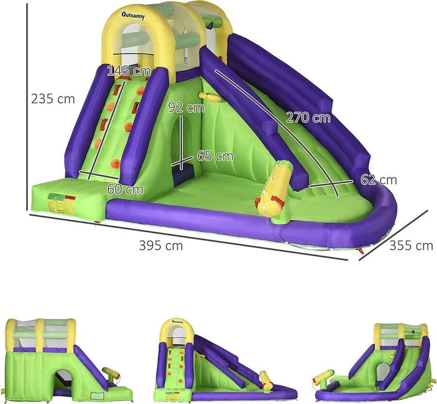 Sweiko Opblaasbaar Springkussen met Blower Springkasteel met Waterglijbaan XXL waterpark voor kinderen van 3 tot 8 jaar klimwand trampoline buitentuin 395 x 355 x 235 cm