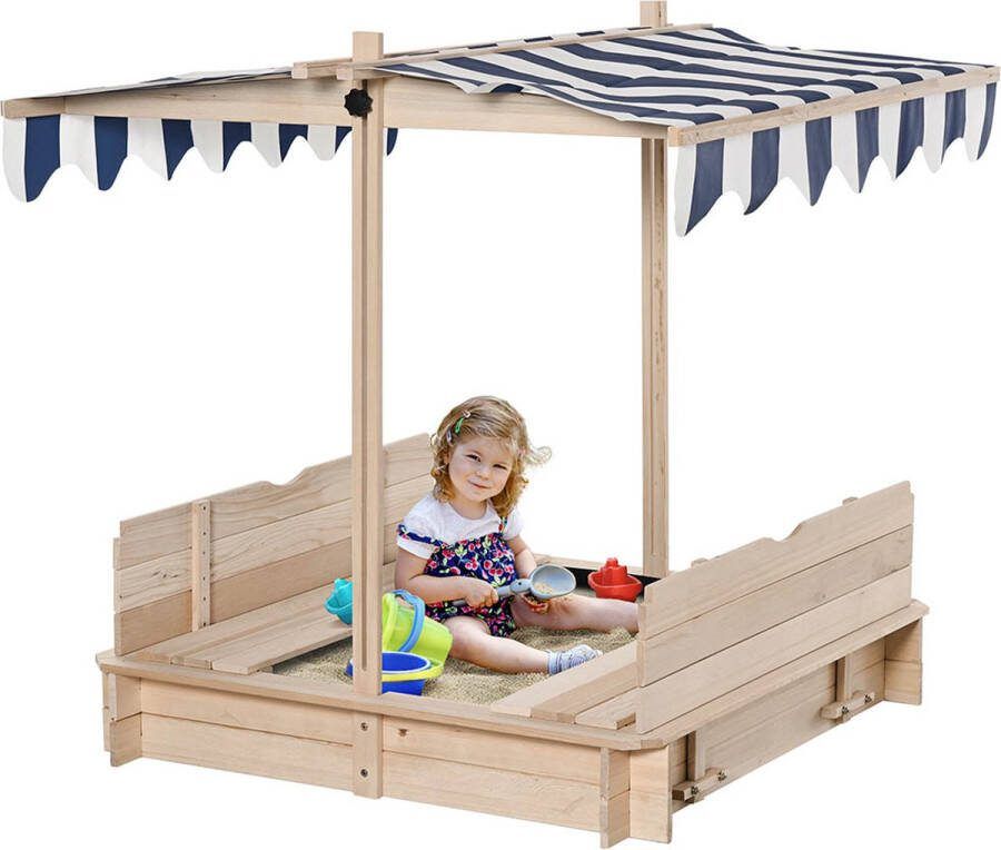 Sweiko Zandbak Houten zandbak voor in de tuin，Zandbak met dak Felix，Kinderzandbak met afneembaar dak，Verstelbare rugleuningen，Dennenhout，3-7 jaar，106 x 106 x 121 cm，Natuur
