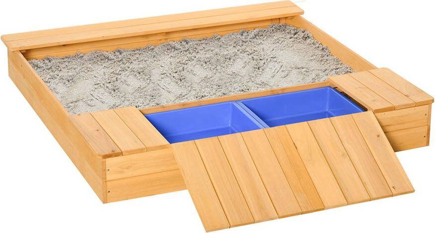 Sweiko Zandbak，Stofdichte houten zandbak，Zandbak met dak en 2 opbergboxen voor 3-6 jaar，Zandbak，Zandbak met bankjes，Zandbak houten zandbak fleece，Natuur+blauw，125 x 121 x 17.5 cm