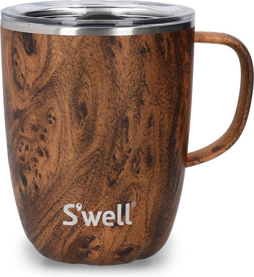 SWELL S'well Mok met Handvat Teakhout 350ml. Vacuüm geïsoleerde roestvrijstalen reisbeker met handvat reisbeker voor onderweg met schuifdeksel vaatwasmachinebestendig