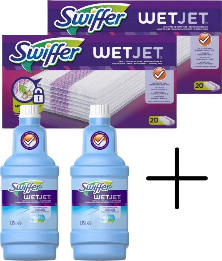 Swiffer WetJet Alles-In-Een Dweilsysteem Navulling- 2x 1 25 L Reinigingsmiddel en 2x 20 stuks Reinigingsdoekjes