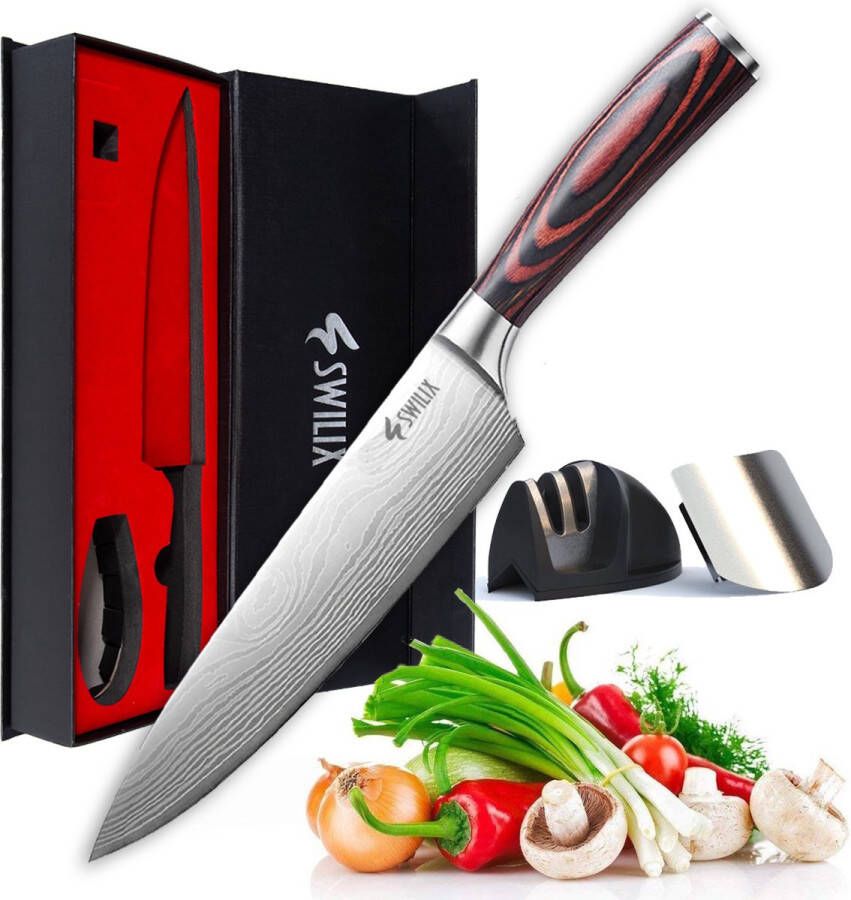 SWILIX Professioneel Koksmes 20 CM Inclusief Messenslijper Mes- en vingerbeschermer Duurzaam En Vlijmscherp Universeel RVS Keukenmes