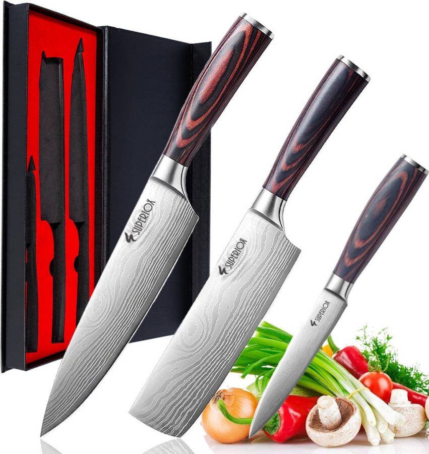 SWILIX Professioneel koksmessen 3 Stuk Japans Koksmes 20 cm Japans Nakiri Mes 17 5 cm Japans Groentemes 9 cm Duurzaam En Vlijmscherp Universeel RVS Keukenmes Valentijn Cadeautje