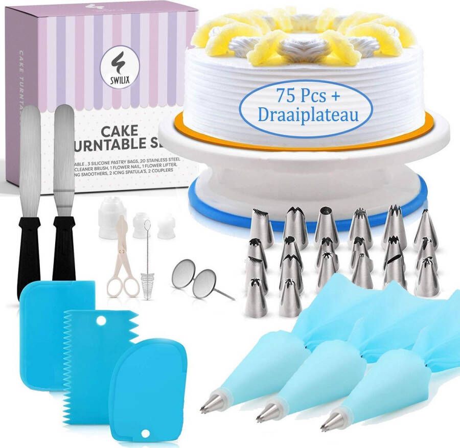 SWILIX Spuitmondjes Set Luxe Cake Decoratie Met Taart Draaiplatau inc. 20 spuitmondjes en opzetstukjes RVS Bloemen 3 Herbruikbare Siliconen Spuitzakken 3 Fondant Schrapers 2 Spatula's