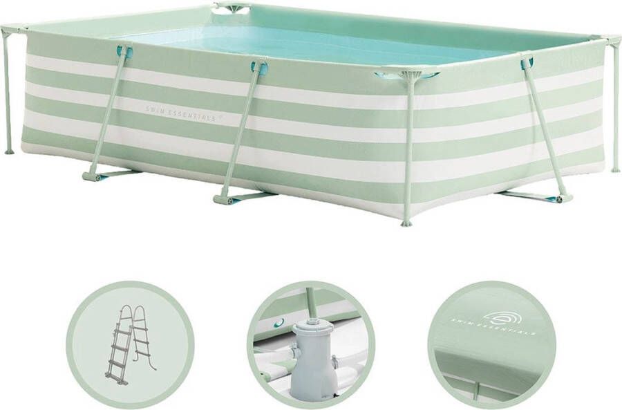 Swim Essentials Opzetzwembad Frame Zwembad Rechthoek Groen Wit Gestreept 300 x 200 x 75 cm Met Filterpomp & Grond- & Afdekzeil & Trap