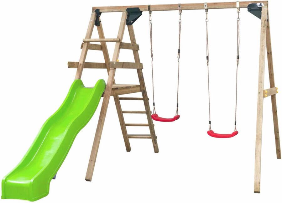 SwingKing Dubbele Schommel met Glijbaan Celina ( ) | Speeltoestel met 2 Schommels en Glijbaan | Voor Buiten in de Tuin | FSC Hout Glijbaan Appelgroen