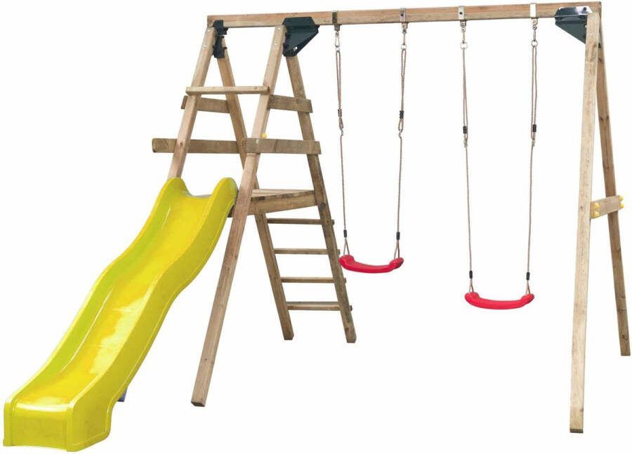 SwingKing Dubbele Schommel met Glijbaan Celina ( ) Speeltoestel met 2 Schommels en Glijbaan Voor Buiten in de Tuin FSC Hout Glijbaan Geel