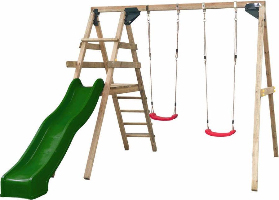 SwingKing Dubbele Schommel met Glijbaan Celina ( ) Speeltoestel met 2 Schommels en Glijbaan Voor Buiten in de Tuin FSC Hout Glijbaan Groen