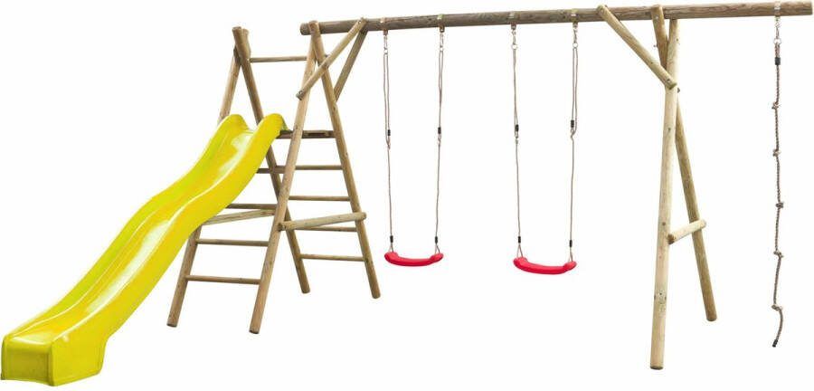 SwingKing Houten Schommel Noortje Schommelset met Glijbaan Dubbele Schommel en Klimtouw Schommel voor Buiten in de Tuin FSC Hout Glijbaan Geel