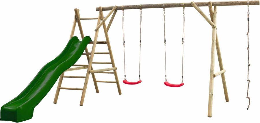 SwingKing Houten dubbele schommel met 300cm glijbaan groen en klimtouw Noortje – 450x360x230cm
