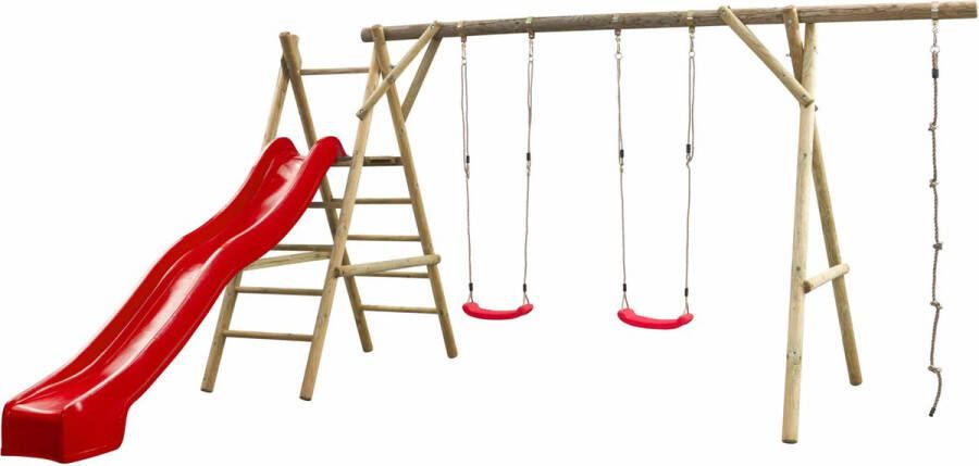 SwingKing Houten dubbele schommel met 300cm glijbaan rood en klimtouw Noortje – 450x360x230cm