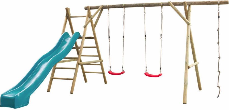 SwingKing Houten dubbele schommel met 300cm glijbaan turquoise en klimtouw Noortje – 450x360x230cm