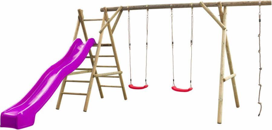 SwingKing Houten dubbele schommel met 300cm glijbaan violet en klimtouw Noortje – 450x360x230cm