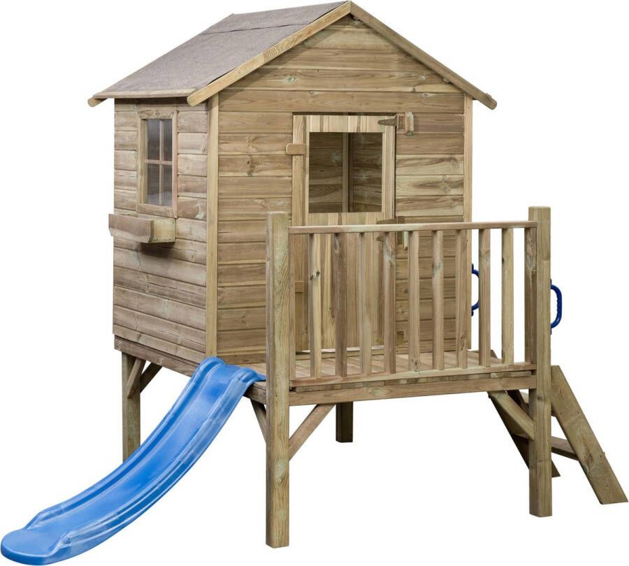 SwingKing Houten speelhuisje met glijbaan en trap Camilla ( ) Kinderhuisje voor Buiten in de Tuin Voor Kinderen vanaf 3 Jaar FSC Hout Glijbaan Rood