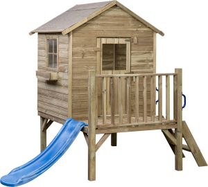 SwingKing Houten speelhuisje met glijbaan en trap Camilla ( ) Kinderhuisje voor Buiten in de Tuin Voor Kinderen vanaf 3 Jaar FSC Hout Glijbaan Geel