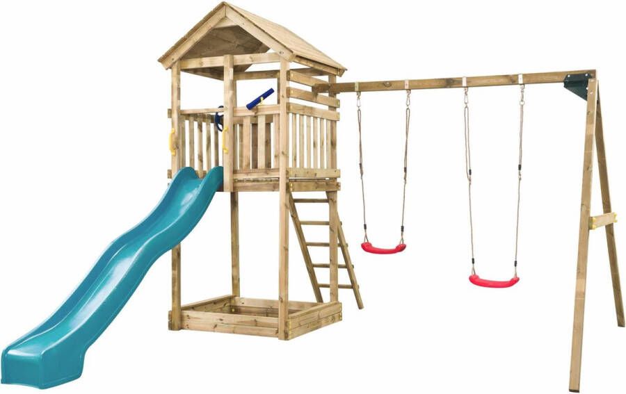 SwingKing Houten Speeltoestel Daan ( ) | Speeltoren met Glijbaan en Dubbele Schommel voor Buiten in de Tuin | FSC Hout Glijbaan Turquoise blauw