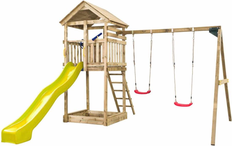 SwingKing Houten Speeltoestel Daan ( ) | Speeltoren met Glijbaan en Dubbele Schommel voor Buiten in de Tuin | FSC Hout Glijbaan Geel