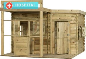 SwingKing Speelhuisje Leon ( ) Luxe houten kinderhuisje (4-1) voor Buiten in de Tuin Ziekenhuis Politie Brandweer en Tankstation Voor Kinderen vanaf 3 Jaar FSC Hout