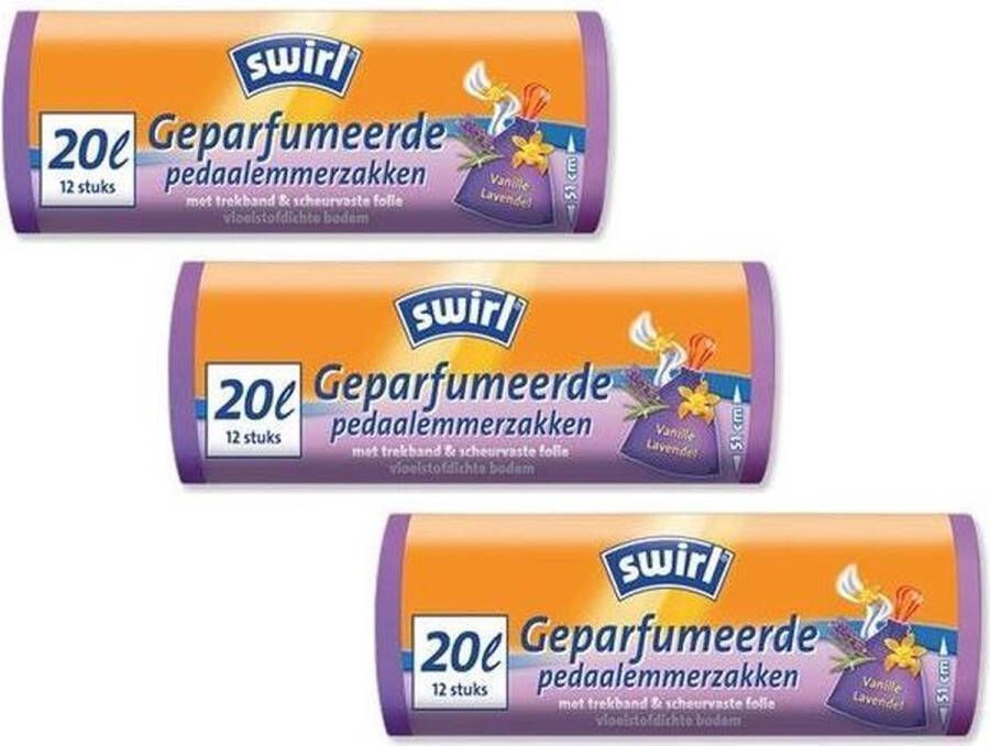 Swirl Geparfumeerde pedaalemmerzakken trekband 20ltr Multipack 3 rollen van 12 vuilniszakken = 36 vuilniszakken