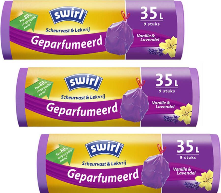 Swirl Geparfumeerde pedaalemmerzakken trekband 35ltr Multipack 3 rollen van 9 vuilniszakken = 27 vuilniszakken