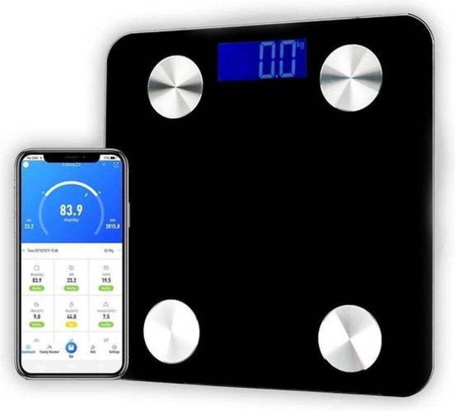 Swiss Homess Swiss Homes Slimme Weegschaal met Gratis App Digitale Bluetooth Personenweegschaal met Lichaamsanalyse| tot 180Kg| BMI Vetpercentage Spiermassa Visceraal vet etc. Zwart