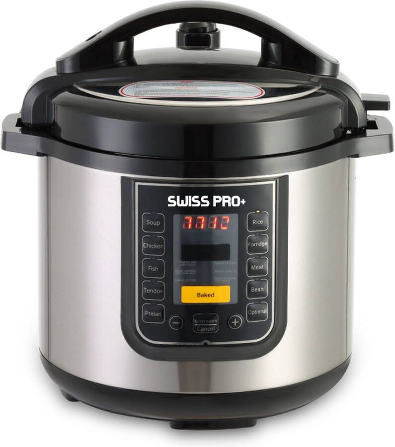 Swiss Pro+ Elektrische snelkookpan 6 liter 12 programma's Nieuw model 2023 met LED Touch Screen Pressure Cooker Electrisch Electric Pressure Cooker Multicuiseur Multi cooker Rijstkoker Yoghurtmaker Slowcooker Soepmaker Stomer (RVS Zwart)