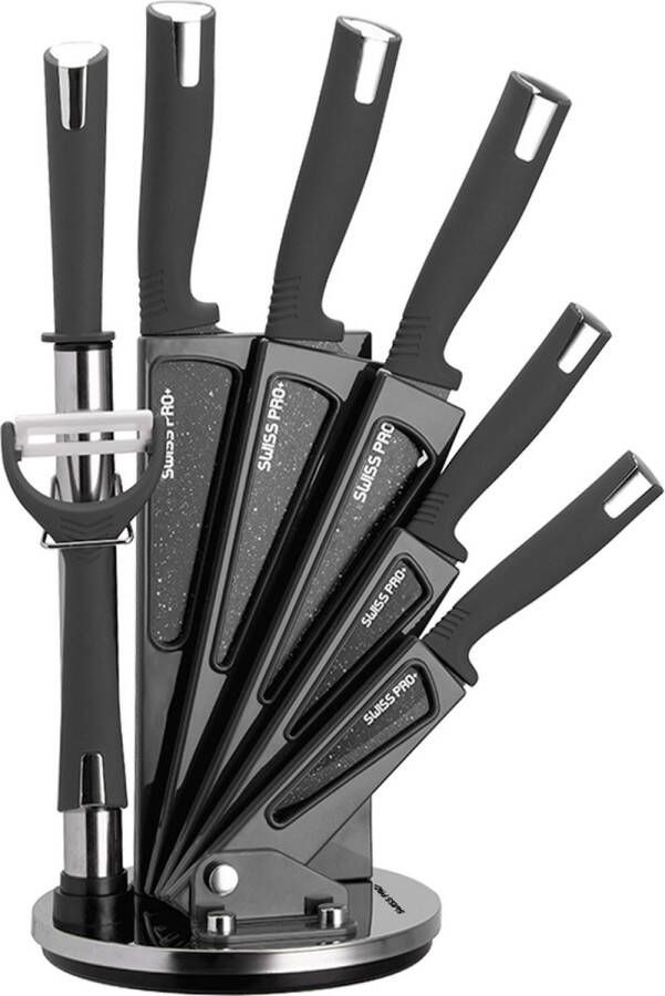 Swiss Pro+ SP-KSBLK-S 8-delige Keukenmessenset met Standaard Keramisch Messenset RVS Inclusief Messenblok Zwart