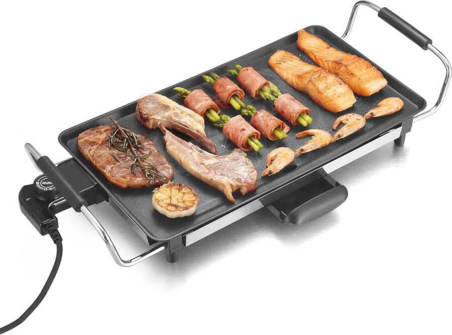 Swiss Teppanyaki Grill 46x26 cm Elektrische Tafelgrill BBQ Barbecue Bakplaat met Anti-aanbaklaag en Verstelbare Thermostaat 2000W Zwart