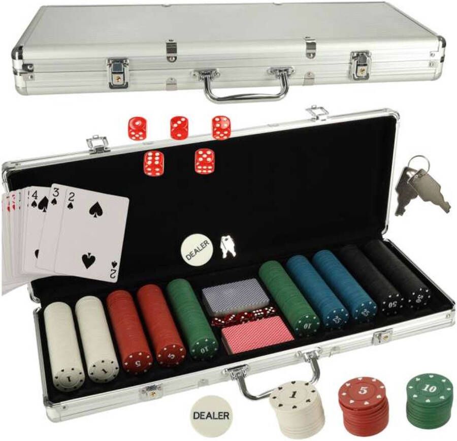 SwissBex Pokerset 500 CHIPS Zilveren koffer 500-delige Poker Set Geschikt voor 2-9 Spelers Inclusief Pokerkaarten en Dobbelstenen