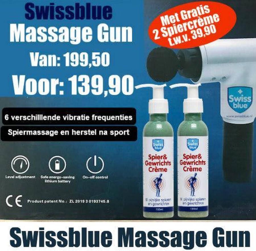 Swissblue Massage gun met gratis 2 x spiercrème 150ml massage apparaat massageapparaat borstmassage beenmassage rugmassage armamassage
