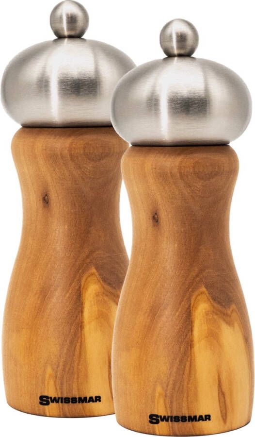 Swissmar Belle peper en zoutmolen set 15cm Olijfhout 2 Stuks Instelbare maalgraad Luxe kwaliteit Hervulbaar Peper molen Houtmolen Zout molen Huis Cadeautje Keuken accesoires