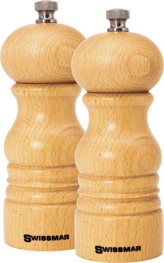 Swissmar Castell peper en zoutmolen set 14 cm Beukenhout Pepermolen Zoutmolen 2 Stuks Instelbare maalgraad Luxe kwaliteit Hervulbaar Peper molen Houtmolen Zout molen Huis Cadeautje Keuken accesoires
