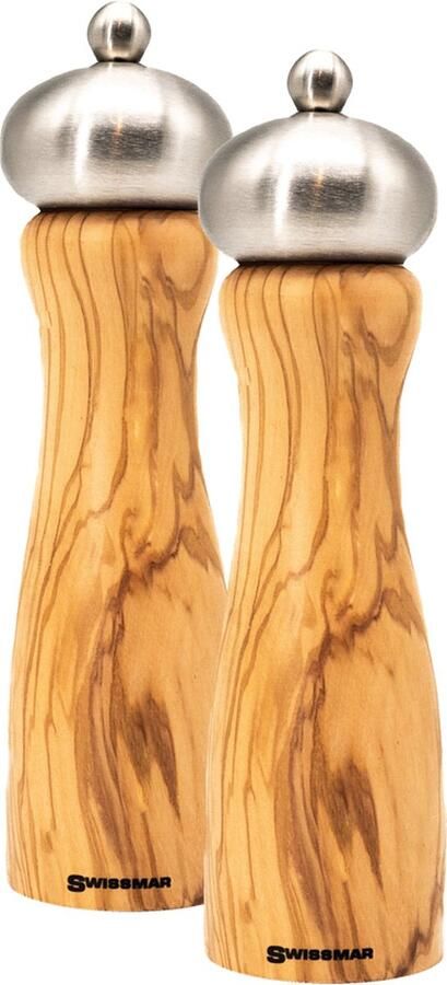 Swissmar Belle peper en zoutmolen set 20 cm Olijfhout Pepermolen Zoutmolen 2 Stuks Instelbare maalgraad Luxe kwaliteit Hervulbaar Peper molen Houtmolen Zout molen Huis Cadeautje Keuken accesoires