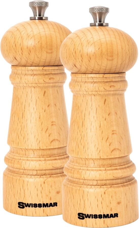 Swissmar Manor peper en zoutmolen set 14 cm Beukenhout 2 Stuks Instelbare maalgraad Luxe kwaliteit Hervulbaar Peper molen Houtmolen Zout molen Huis Cadeautje Keuken accesoires