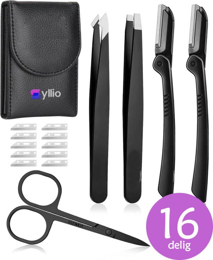 Syllio Pincet Epileer Set Deluxe 16 Delige Set Incl. 10x Los Mesje Wenkbrauw Mesje Ontharen Pincet Wenkbrauw schaar