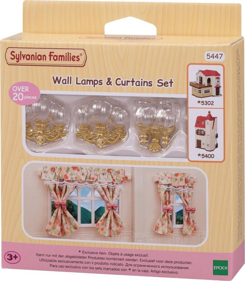 Sylvanian Families 5447 wandlampen & gordijnenset voor grote landhuis ( 5302) en torenhuis met lift (5400)