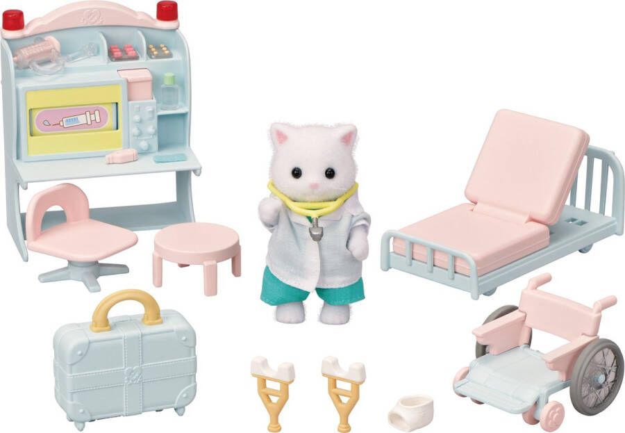 Sylvanian Families 5705 Dokters speelset- inclusief 1 speelfiguur kat- stethoscoop- spuit- rolstoel- krukken