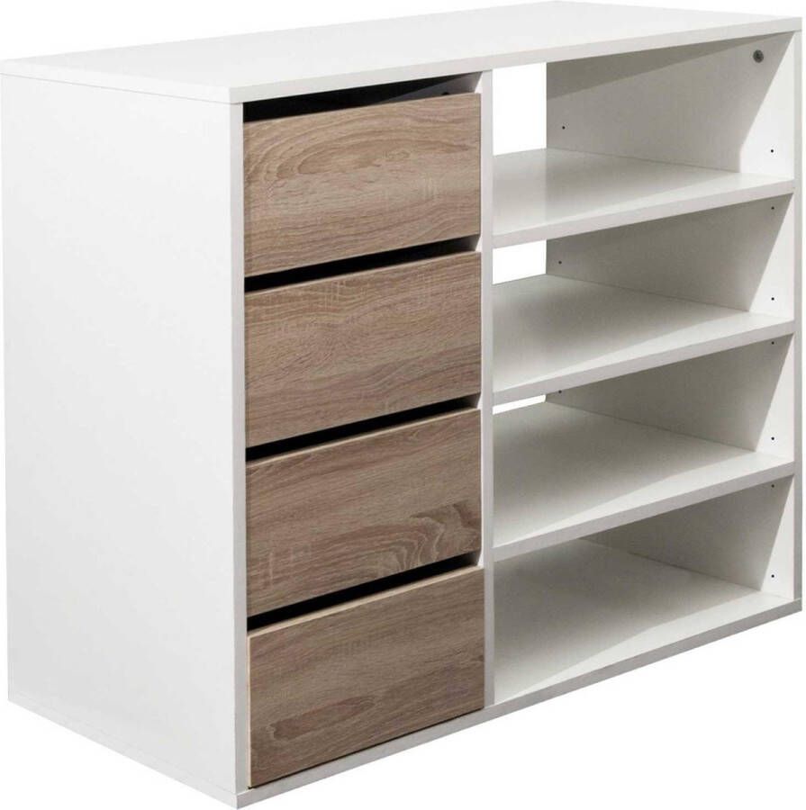 Symbiosis Vente-unique Opbergmeubel en schoenenkast EMERIC 4 laden & 4 nissen – Wit en eiken L 89 cm x H 73 cm x D 39 cm